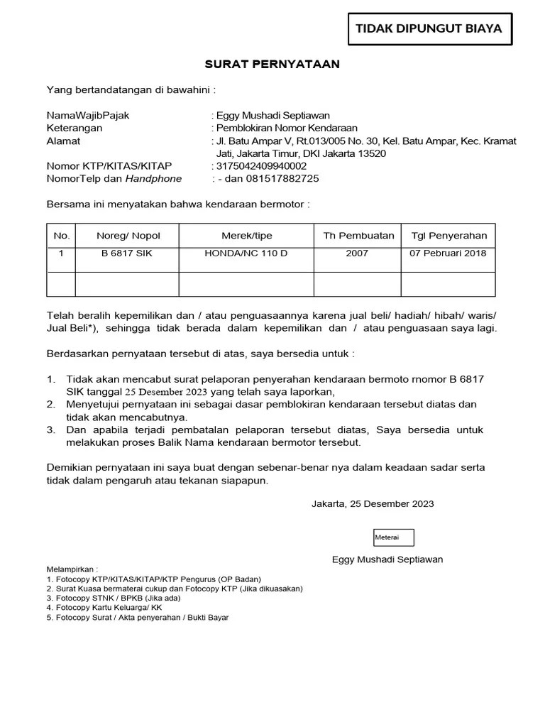 Honda Nc 110 D. Form Surat Pernyataan Blokir STNK