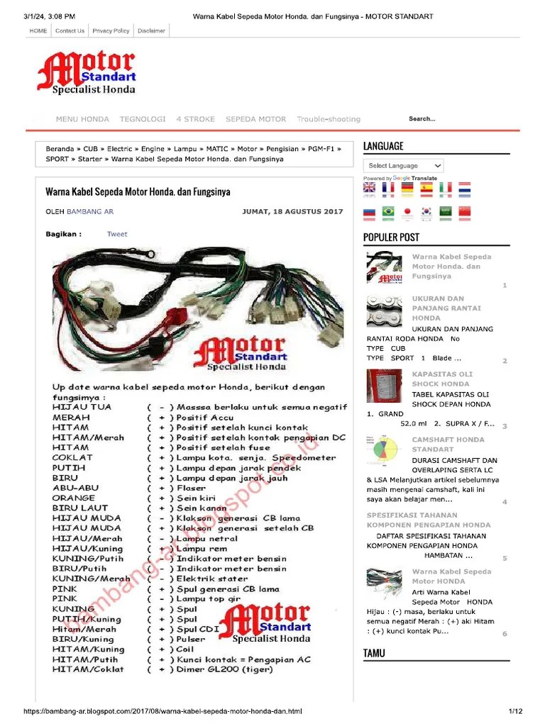 Kabel Kontak Vario 125 Injeksi. Warna Kabel Motor Honda