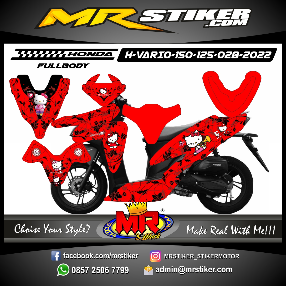 Decal Vario 150 Hello Kitty. Stiker motor decal Honda Vario 150 Red Flower Hello Kitty (FULLBODY) - stiker motor premium