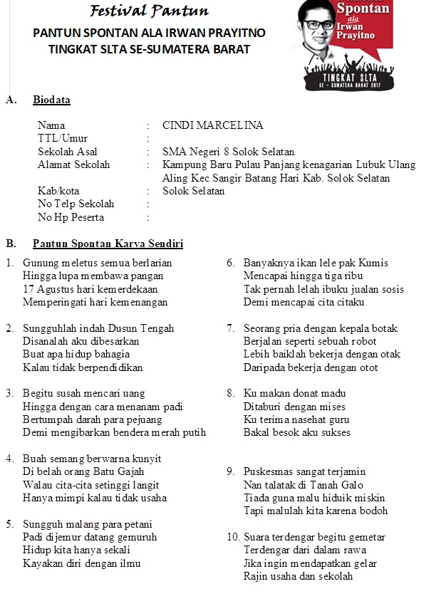 Aida Vario Mai 2021. Pantun Spontan Karya Siswa/i se-Sumbar – Pantun Irwan Prayitno